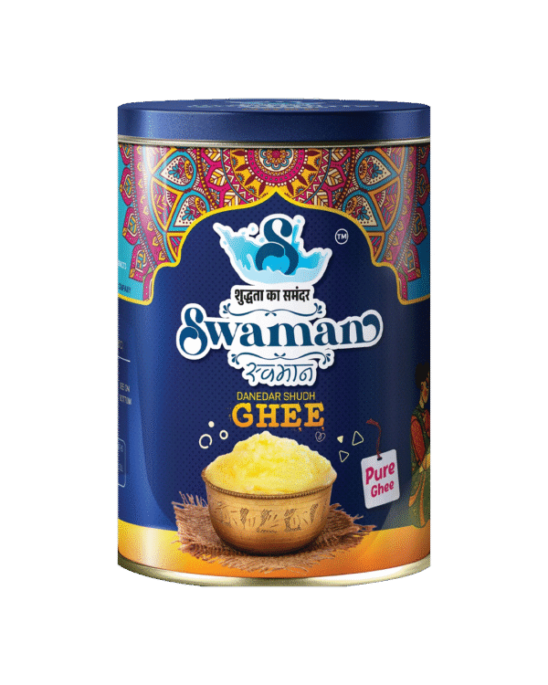 Swaman cow ghee 1 kg container with golden pure ghee inside.