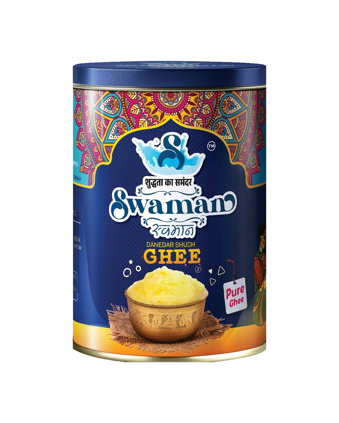 Swaman cow ghee 1 kg container with golden pure ghee inside.