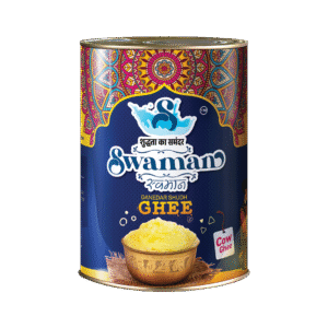Swaman cow ghee 5-litre container with golden pure ghee.