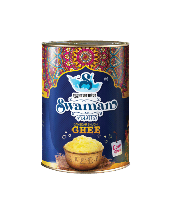 Swaman cow ghee 5-litre container with golden pure ghee.