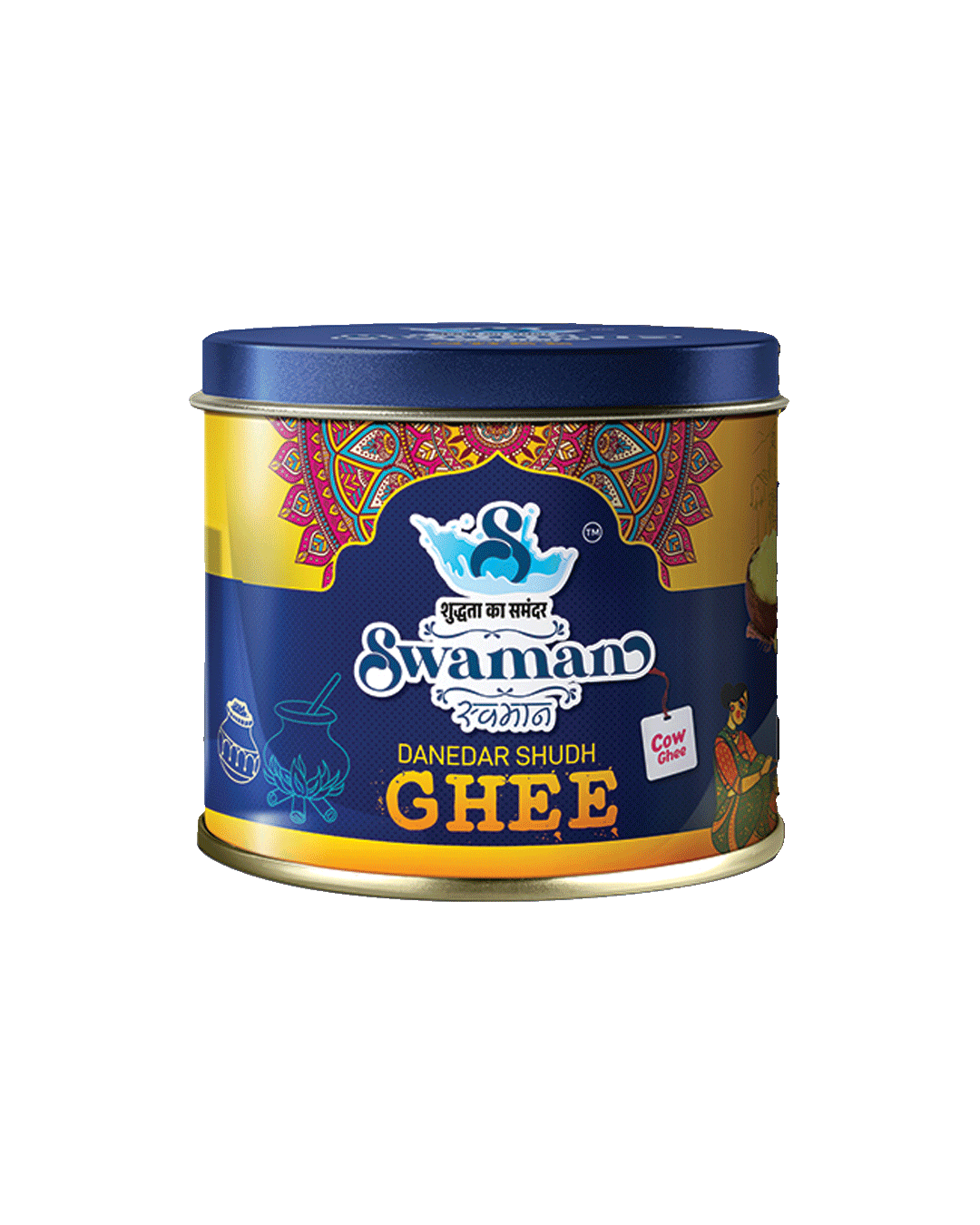 Swaman cow ghee 500 ml jar with golden pure ghee inside.